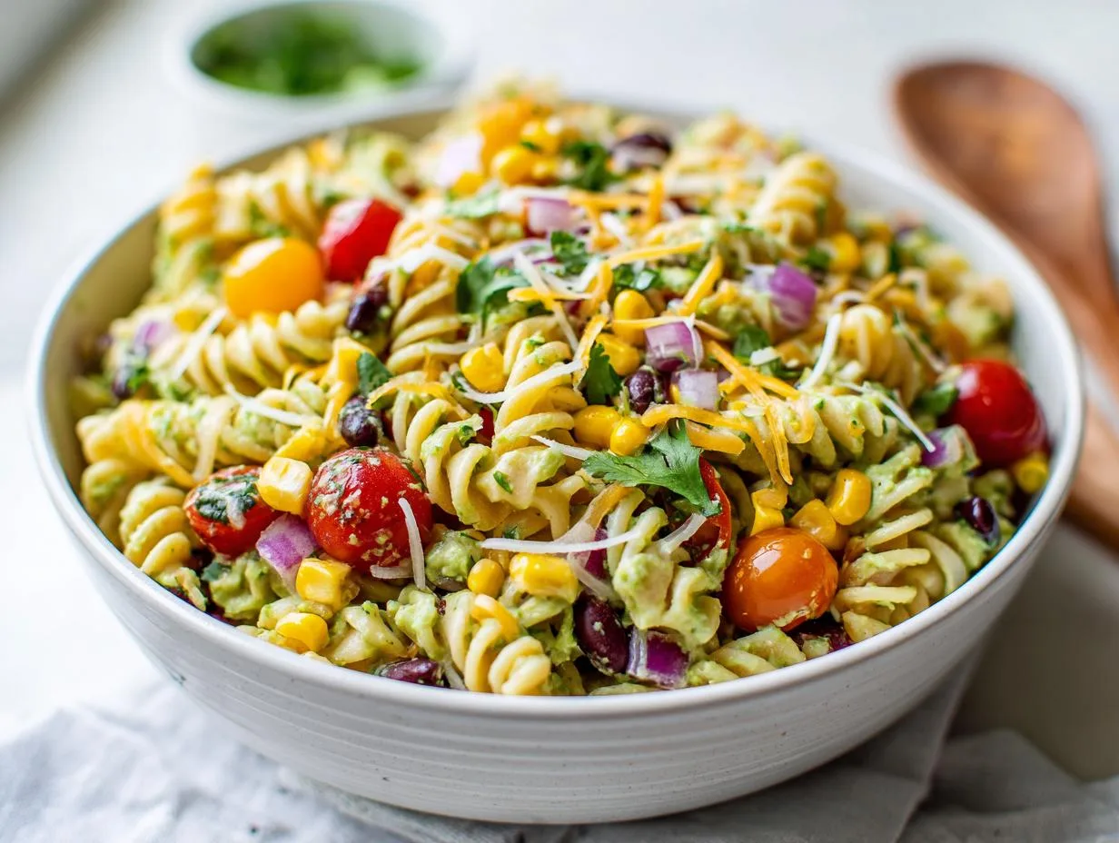 25-Minute Corn Black Bean Pasta Salad with Creamy Avocado Dressing